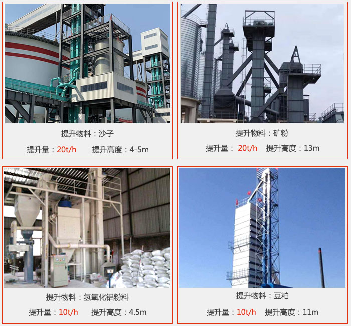 鬥式提升機用戶使用現場圖片：提升沙子提升量：20t/h提升高度：4-5m提升物料：礦粉提升量：20t/h提升高度：13m提升物料：氫氧化鋁粉料 提升量：10t/h提升高度：4-5m提升物料：豆粕提升量：10t/h提升高度：11m